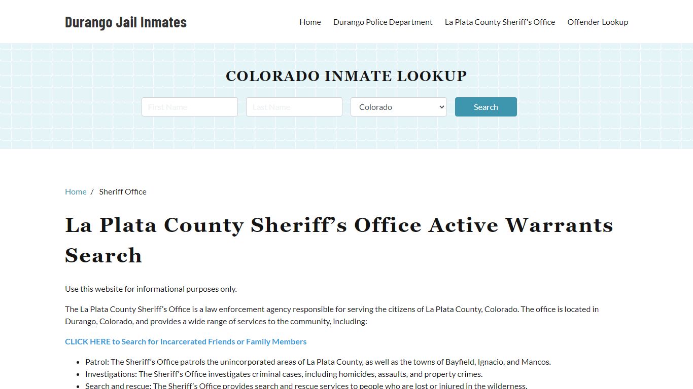 La Plata County Sheriff Office, CO Warrant Lookup - Durango Jail